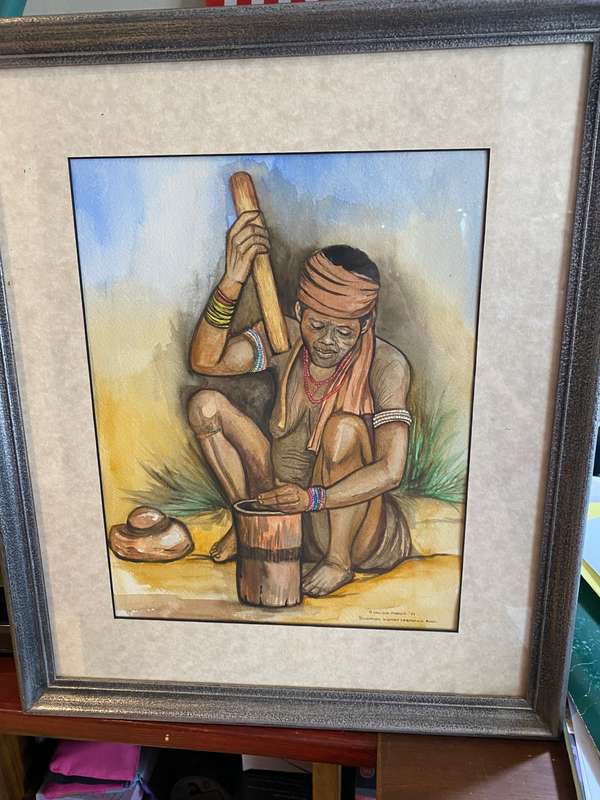 Original watercolour titled `Bushman woman preparing food`, by A vd Merwe
